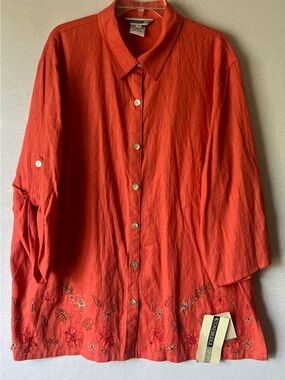 VTG Stonebridge Sport 2X Blouse Coral Linen Rayon Embroidered Floral Roll Tab